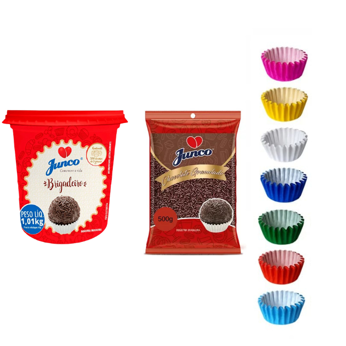 Kit Festa Brigadeiro Pronto 1kg + Granulado Chocolate 500g + 100 Forminhas Docinho Junco Aniversario
