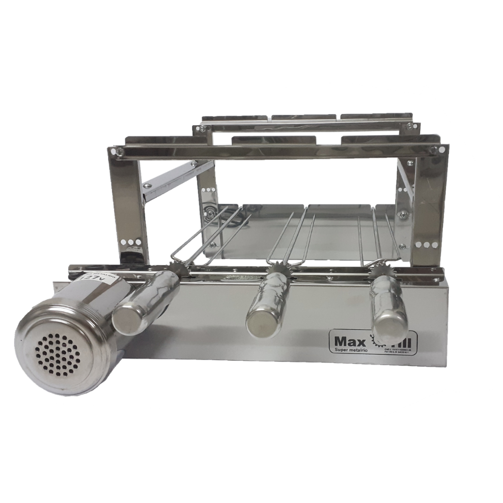 Churrasqueira Max Grill Inox Giratória 3 Espeto Pré-Moldada Motor Elétrico 1/30 hp WEG 110V ou 220V