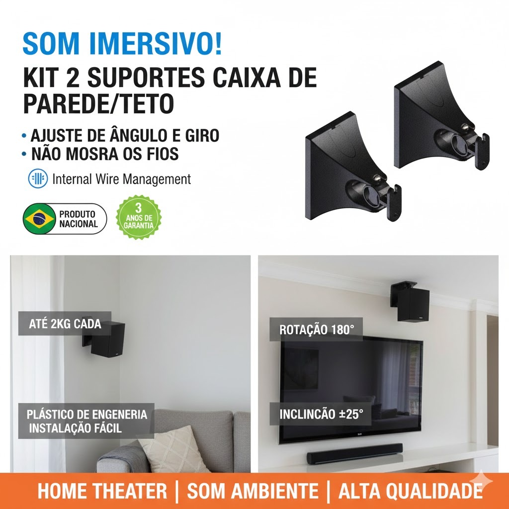 SUPORTE PARA CAIXA DE SOM DE PAREDE HOME THEATER UNIVERSAL P/ CAIXA DE SOM ACÚSTICA - PRETO - CONTÉM 2 SUPORTES