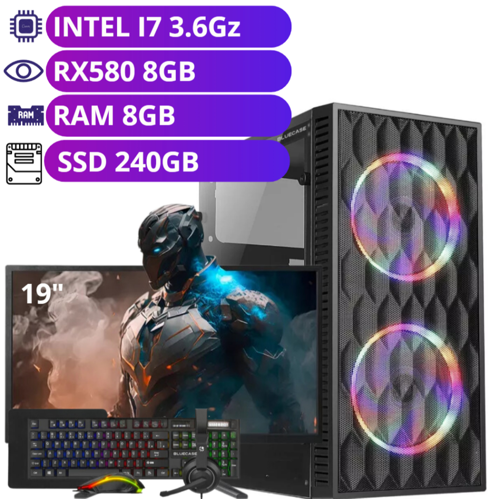 Computador Gamer i7 3.4Ghz - Placa de Vídeo RX580 8GB - SSD 240GB - 8GB Memória RAM - Monitor 19"