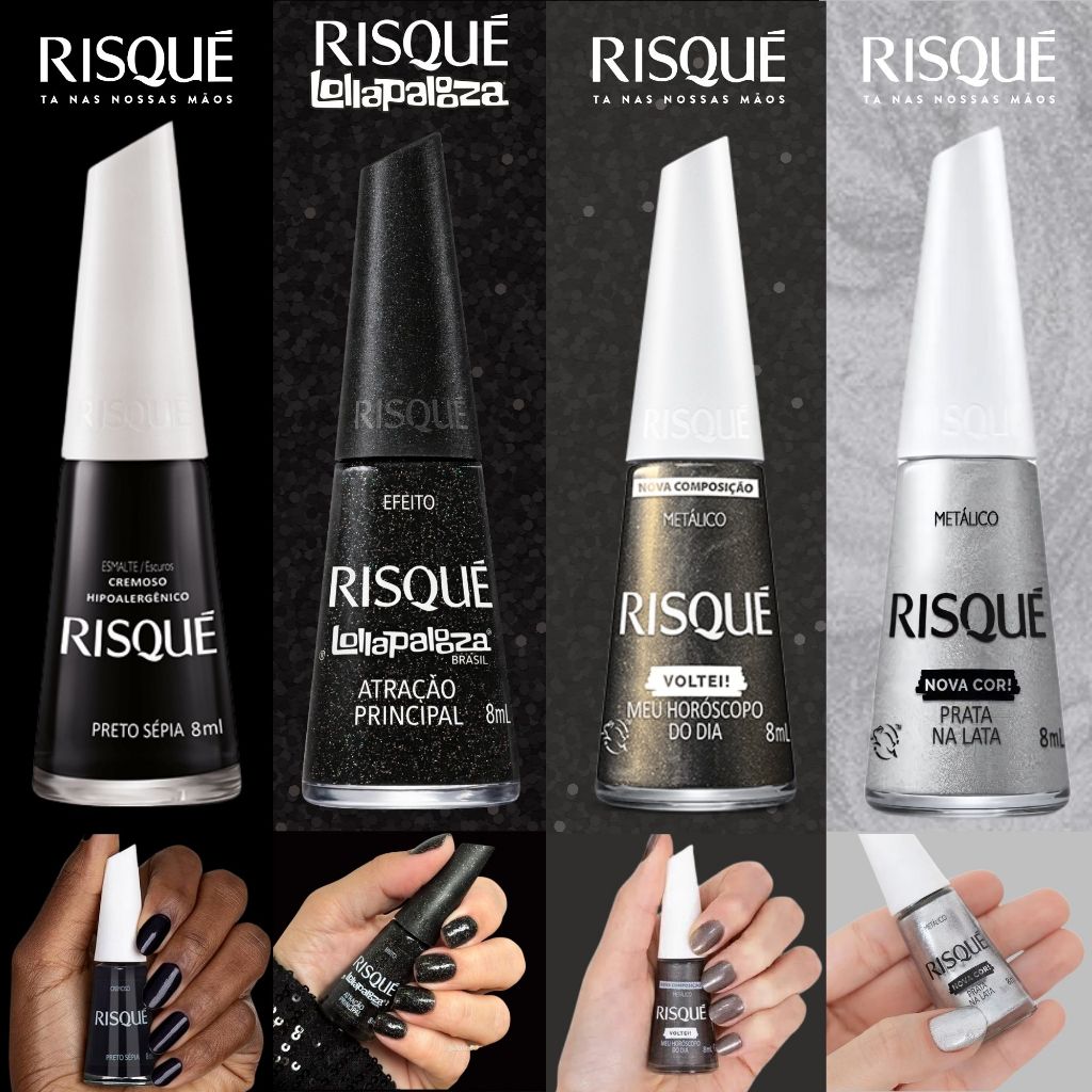 Kit 4 Esmaltes Risqué Tons Cinza Preto Metalico Brilho Nova Coleção lollapalooza em Oferta na Shopee