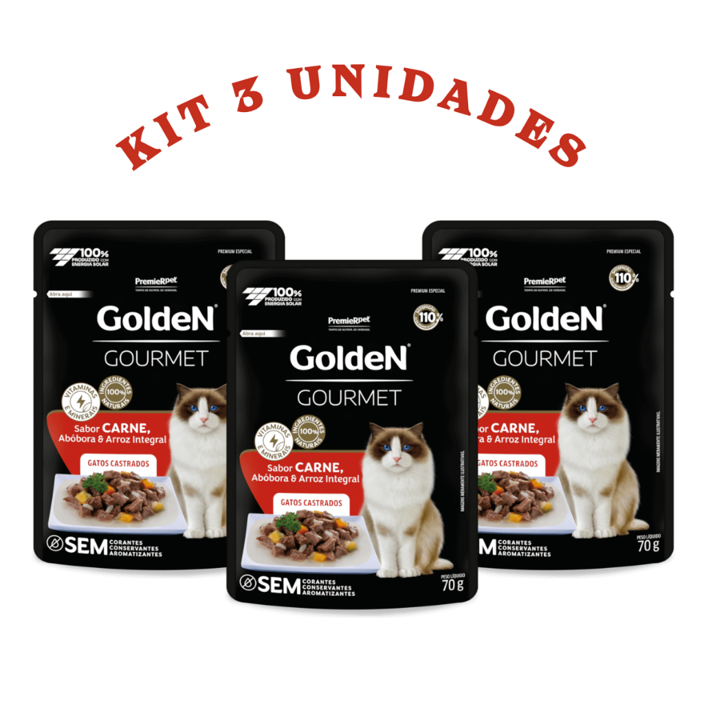 Kit 3 Sachê Golden Gourmet Gatos Castrado Sabor Carne 70g