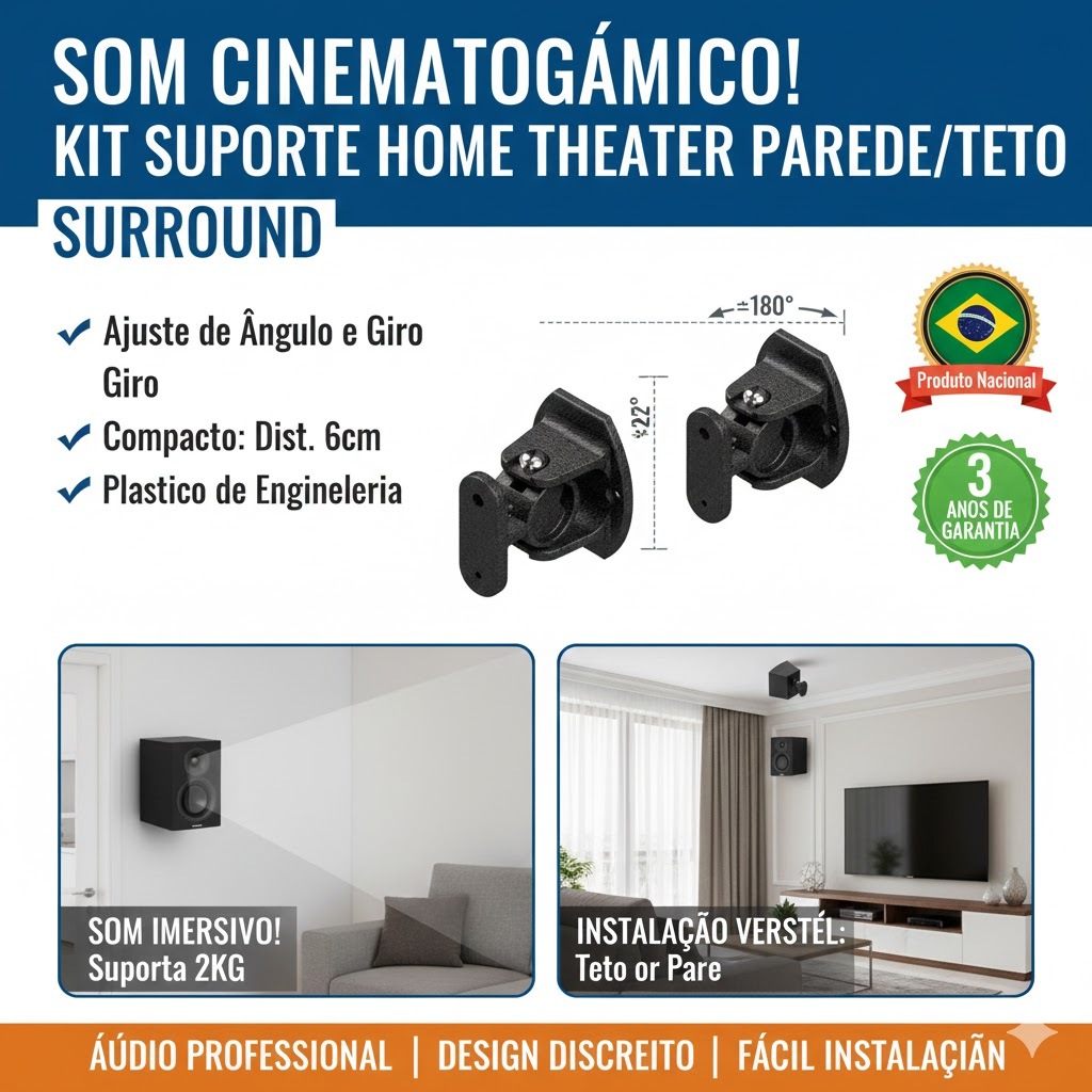 JOGO DE SUPORTE FIXO DE PAREDE OU TETO PARA CAIXAS DE SOM HOME THEATER CINEMA