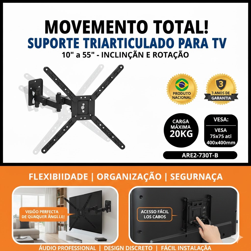 SUPORTE DE PAREDE PARA TV/MONITOR DE 10 A 55 POLEGADAS DE PAREDE TRI ARTICULADO COM INCLINAÇÃO - BRAÇO LONGO