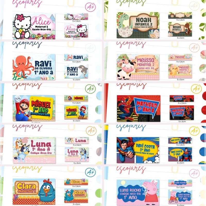ENVIO RÁPIDO - Kit Etiquetas Escolares Escolar Personalizada Volta às aulas Vários Personagens