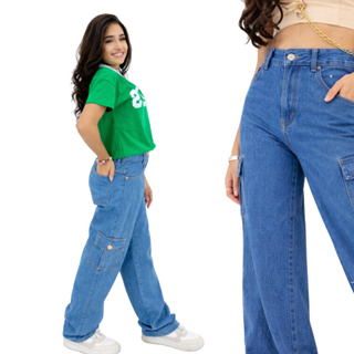 Calça Jeans infantil Juvenil Cargo Wide Leg Premium Moda Kids Estilo Gringa Blogueirinha Confortável em Oferta na Shopee