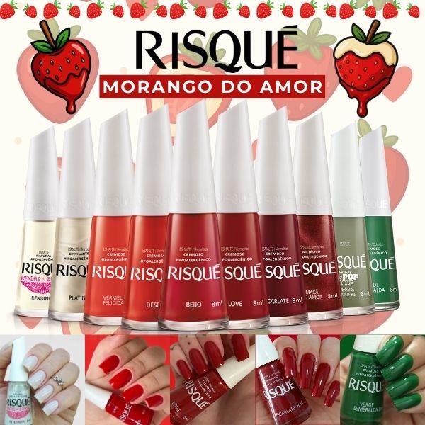 Kit 10 Esmaltes Risqué Vermelho Verde Esmalte Morango do Amor Atacado