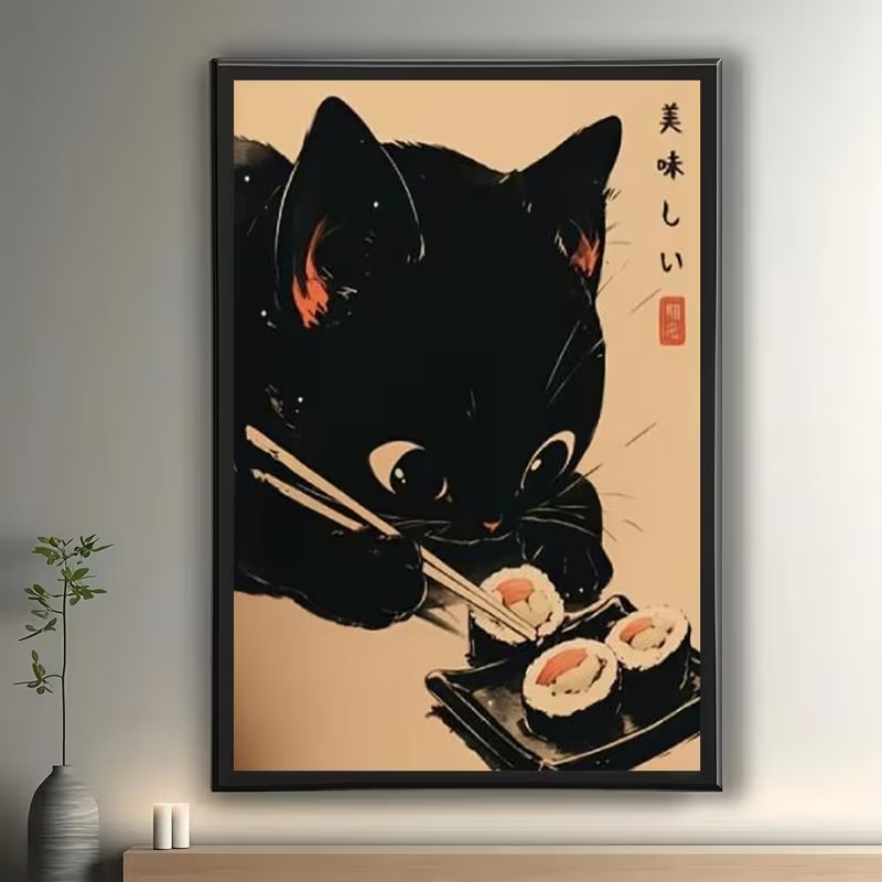Quadro Gato Preto Sushi Japonês | Decoração Cozinha Restaurante Geek Anime Prime Frame