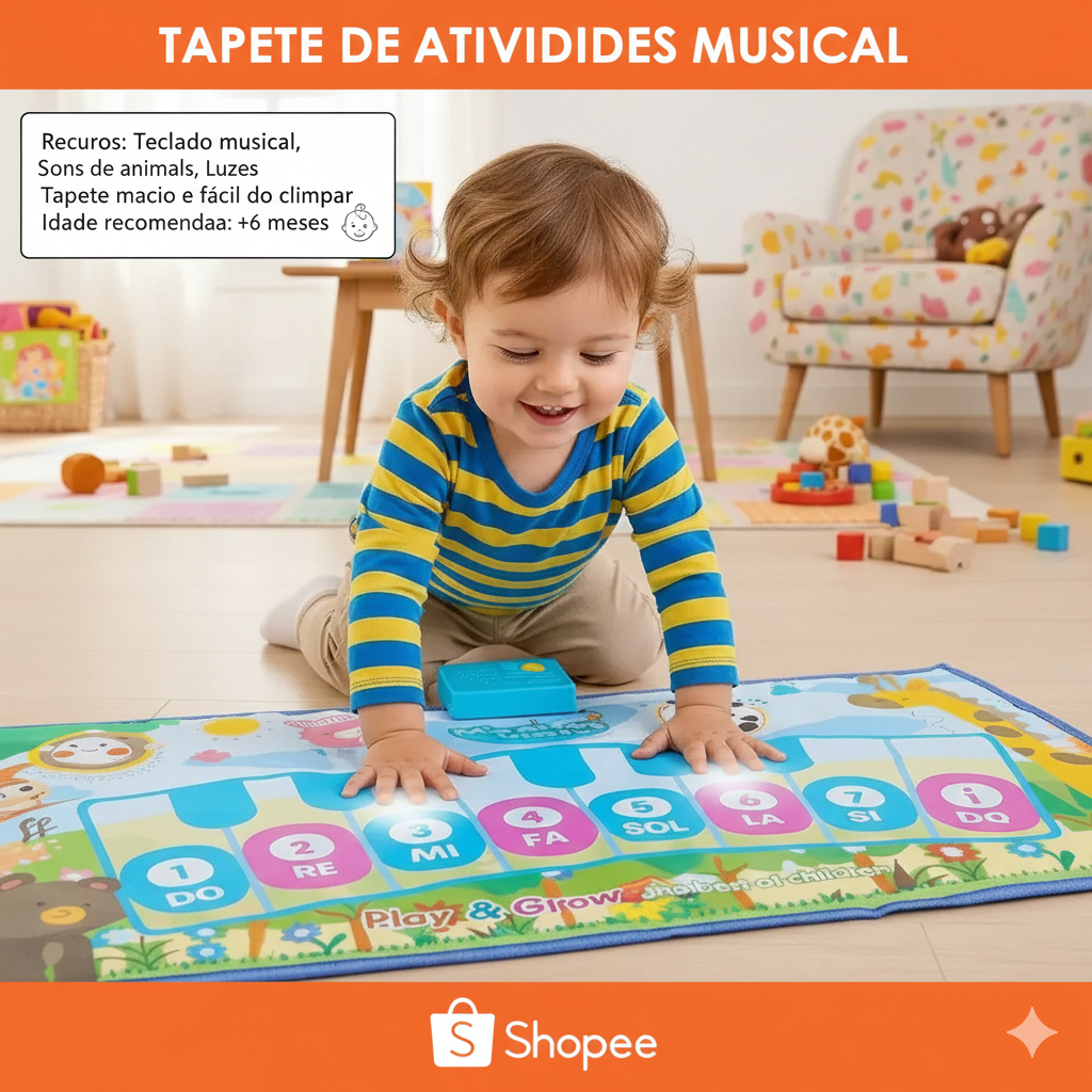Tapete Musical Piano Infantil 8 Teclas Modos Musicais Educativo Diversão Azul Brinquedo Música Criança Musical