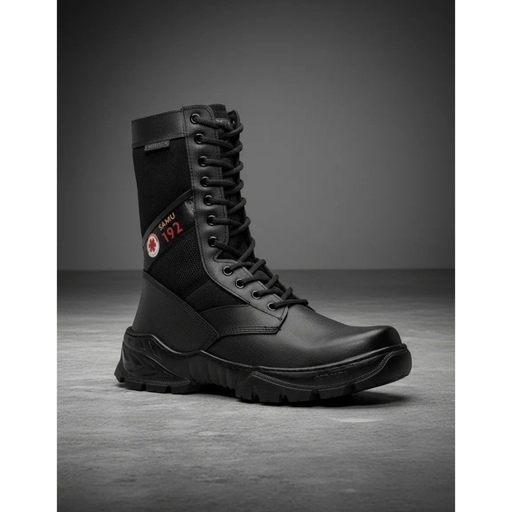 bota tática militar samu coturno cano alto preto 100% couro confortável resistente e unissex calçado oficial