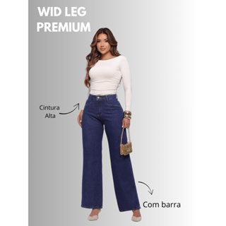 Calça Jeans Wid Leg Escura Feminina 100% Algodao Cintura Alta em Oferta na Shopee