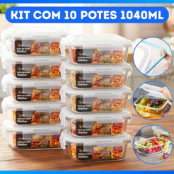 Conjunto 10 Potes Herméticos 1040ml Vidro Retangular Marmita Premium com Tampa