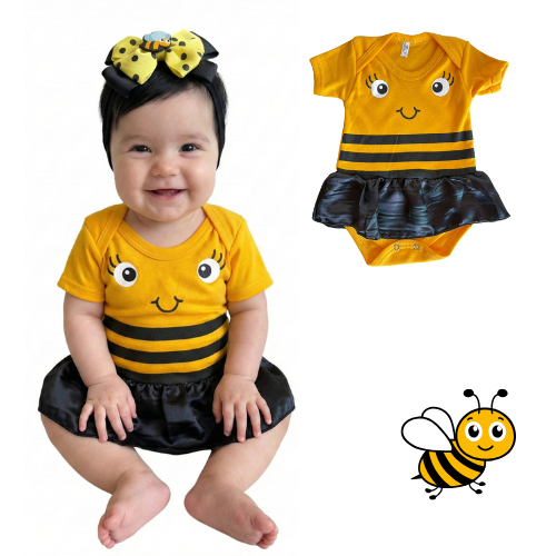 Body Temático Bebê Menina Fantasia Abelhinha Mêsversário Super Confortável