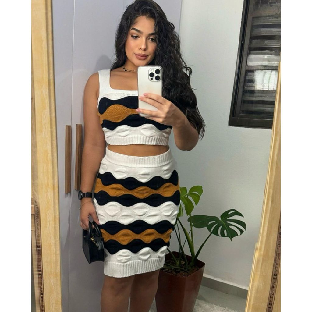 Conjunto Tricô Modal Feminino Canelado Texturizado Saia Midi Cropped Regata Tricot Moda Verão em Oferta na Shopee