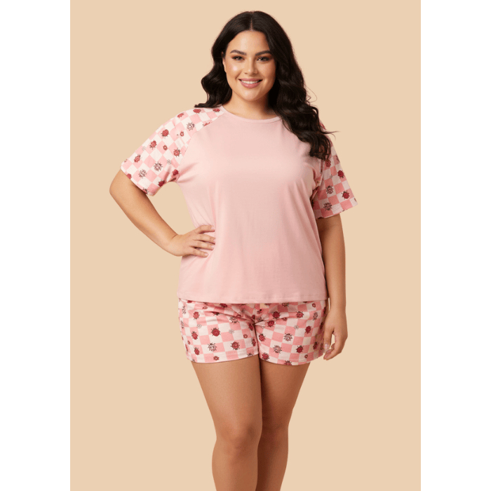 Babydoll Feminino Plus Size Manga Curta Estampado Suede Roupa de Dormir Confortavel