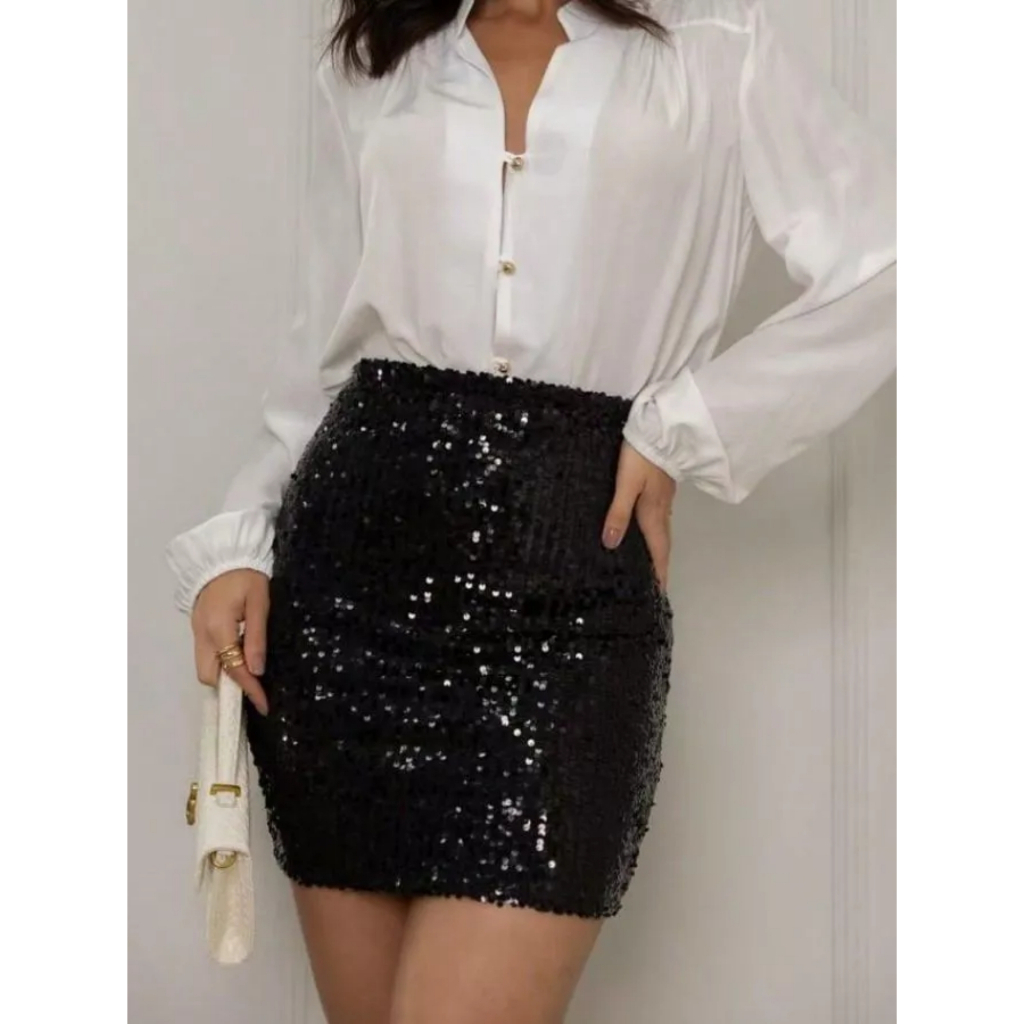 SAIA CURTA PAETE GOLD FEMININA BRILHO MODA FESTA ELEGANTE em Oferta na Shopee