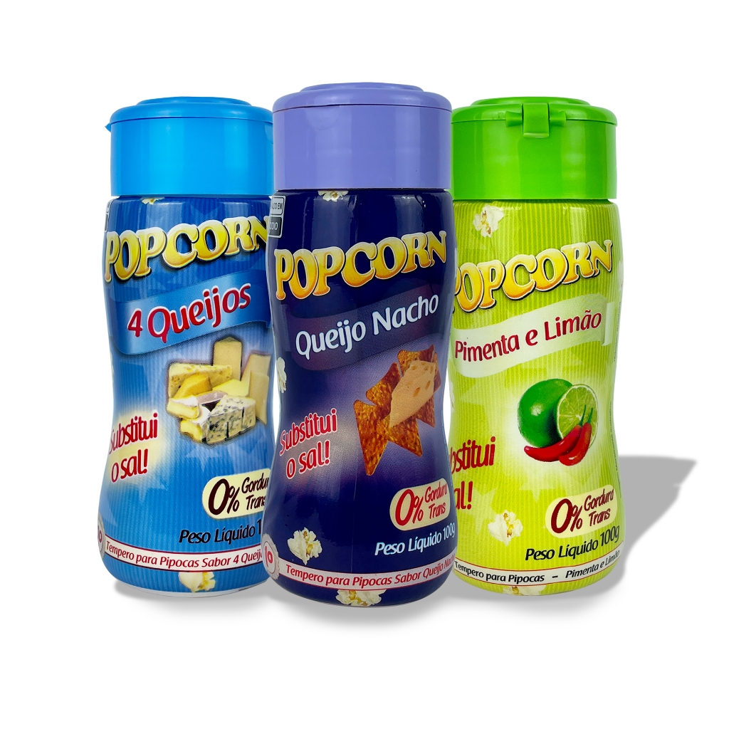 Combo Popcorn - 03 Sabores - 4 Queijos, Pimenta e Limão e Queijo Nacho