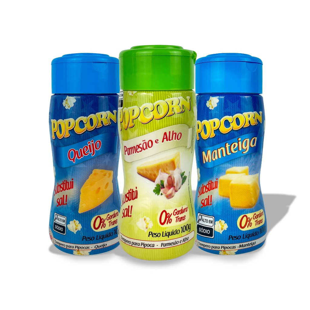 Combo Popcorn - 03 Sabores - Manteiga, Queijo e Parmesão e Alho em Oferta na Shopee