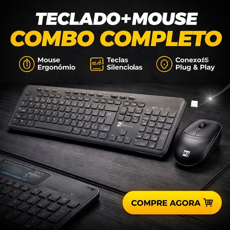 Kit Teclado e Mouse Sem Fio Premium Design Moderno, Teclas Multimídia, ABNT2 com Ç, Alta Performance