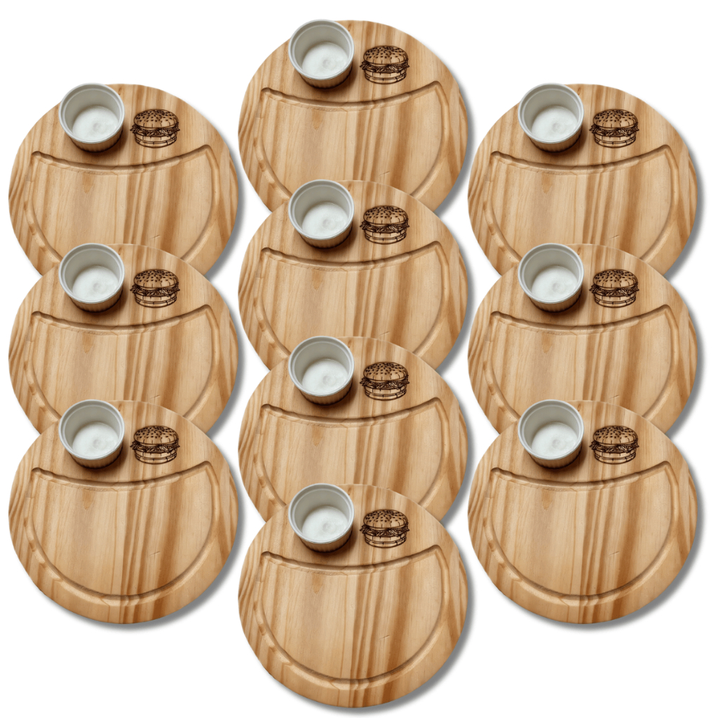 Kit 10 Tabuas de Lanche Servir Hamburguer Petisco Madeira Pinus com 1 Ramequim