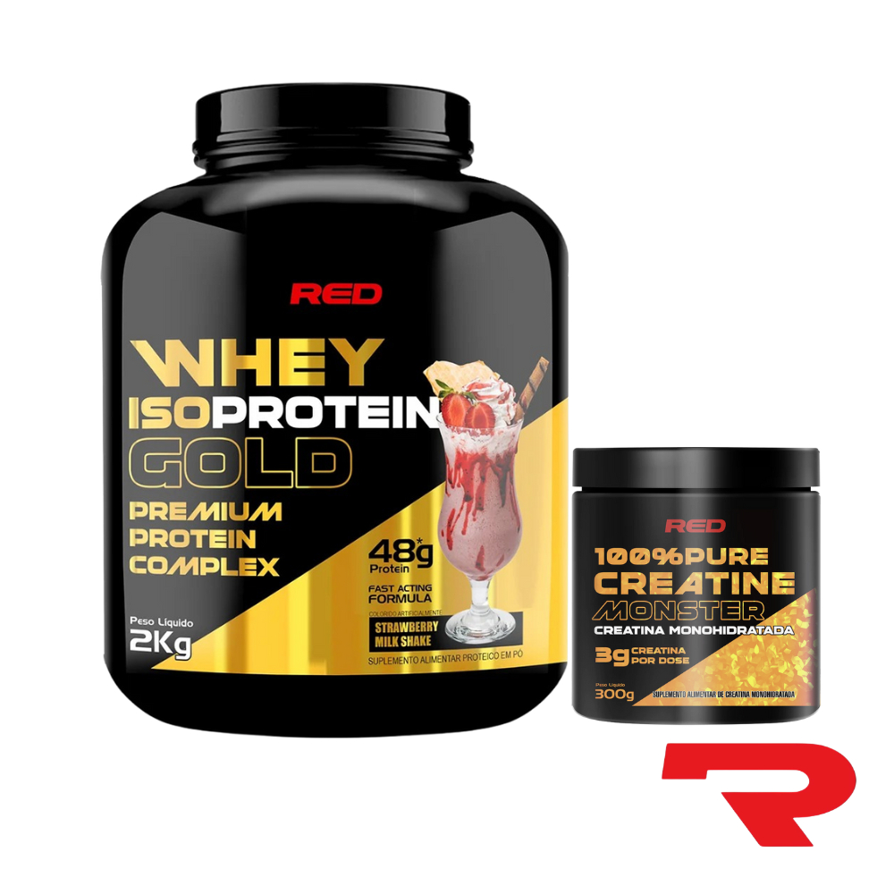 Kit Whey Protein Isolado e Concentrado 2kg Isoprotein Gold + Creatina 100% Pura 300g Red Series