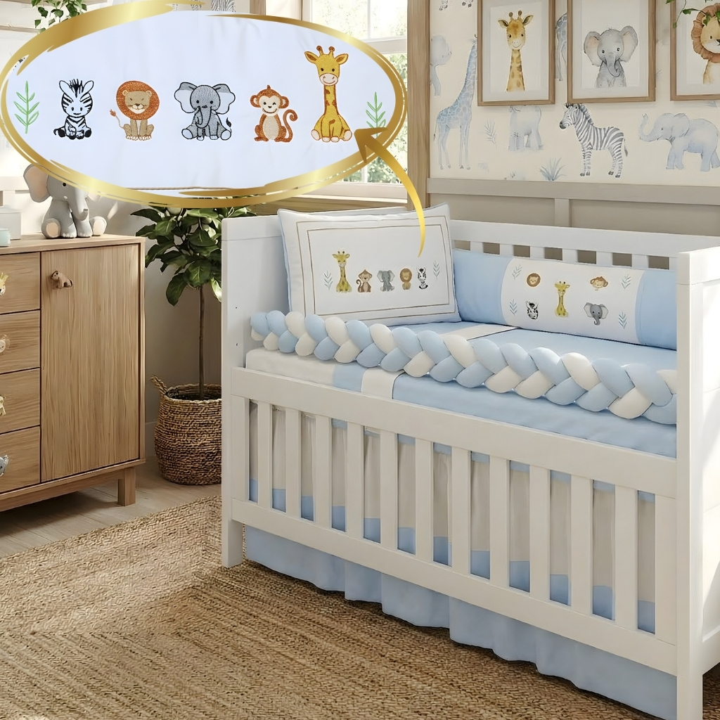 Kit Berço Padrão Americano Safari Erva Doce Azul Bebê Caqui com Mosquiteiro lençol Elástico  Trança