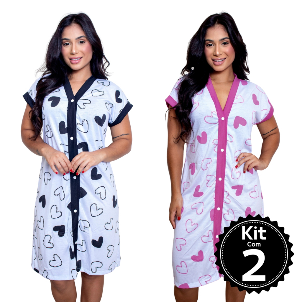 Kit Com 2 Camisola Amamentação Em Malha Pós Cirurgica Com Botões Abre Fácil