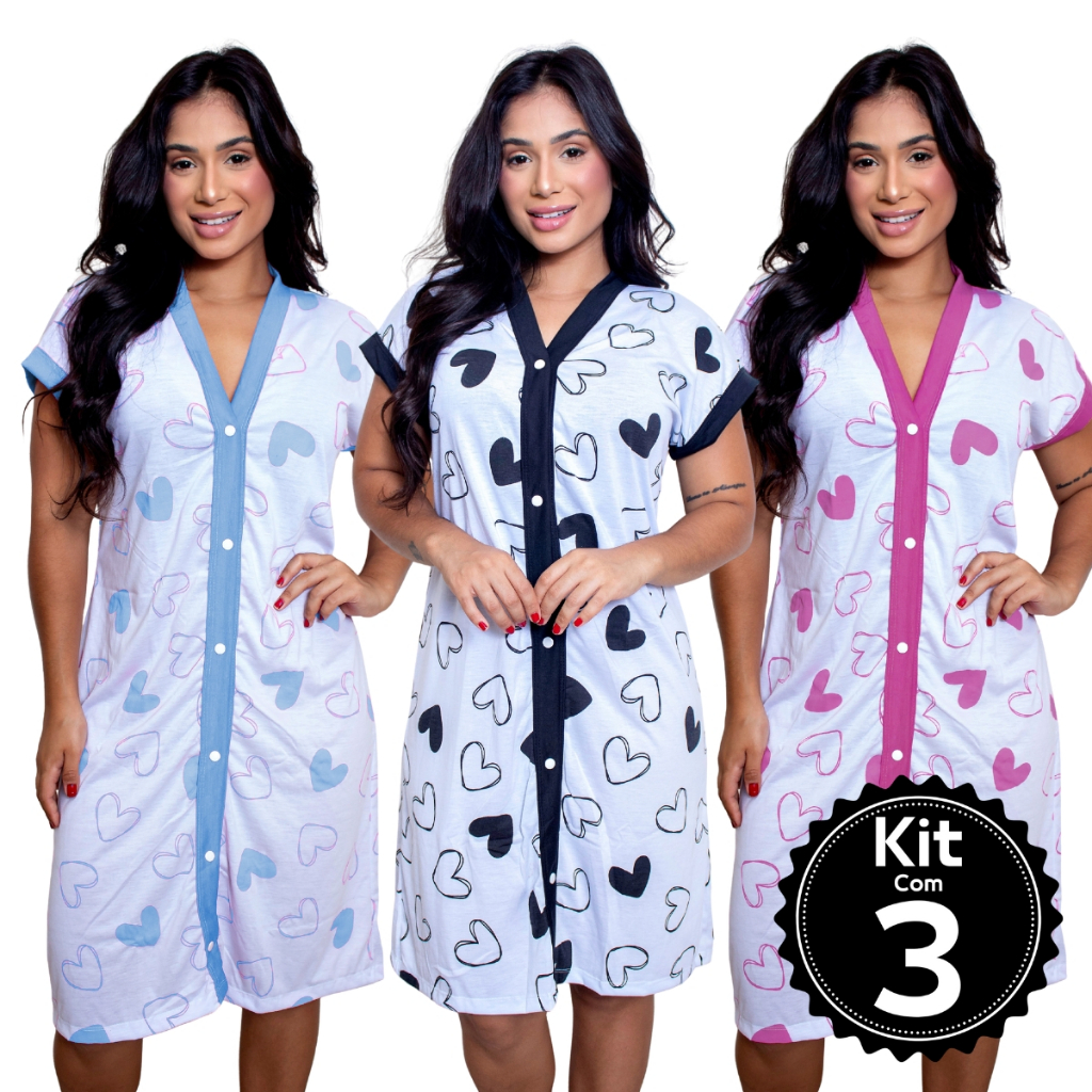 Kit Com 3 Camisola Amamentação Em Malha Pós Cirurgica Com Botões Abre Fácil