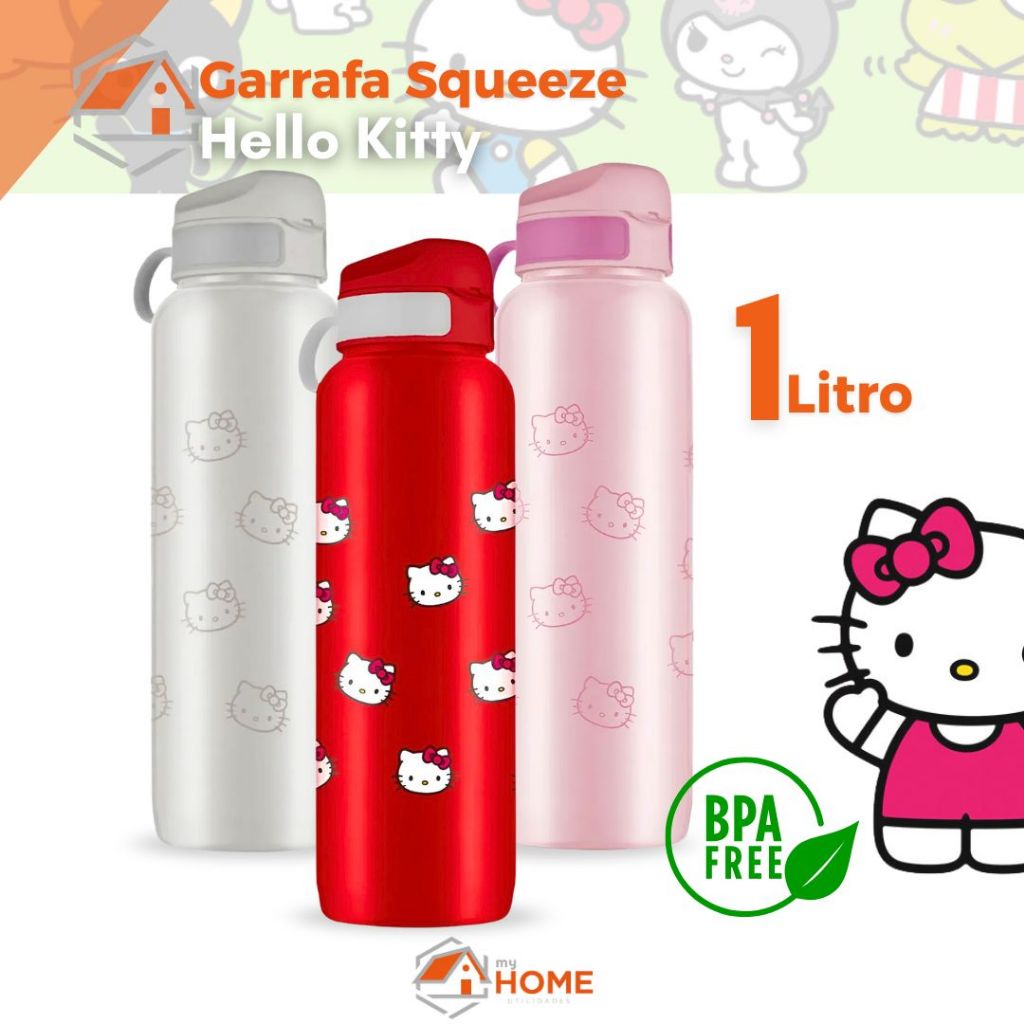 Garrafa Agua Squeeze Hello Kitty 1 Litro para Criança Adulto Escola Trabalho BPA Free