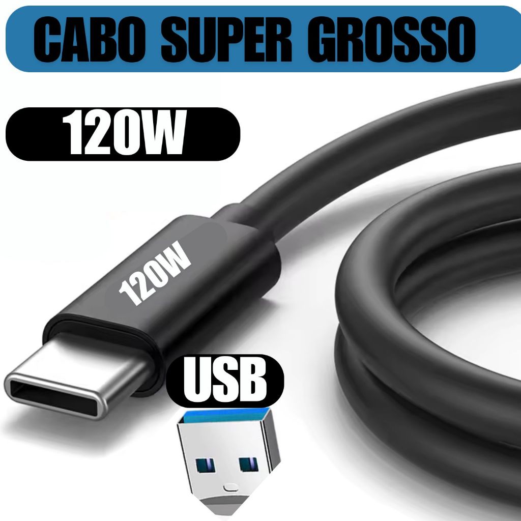 1 2 OU 3 Cabo Turbo SUPER GROSSO 120w USB-TIPO C para IPHONE 15 16 MOTO G Y Z REDMI POCO PAD SAMSUNG em Oferta na Shopee
