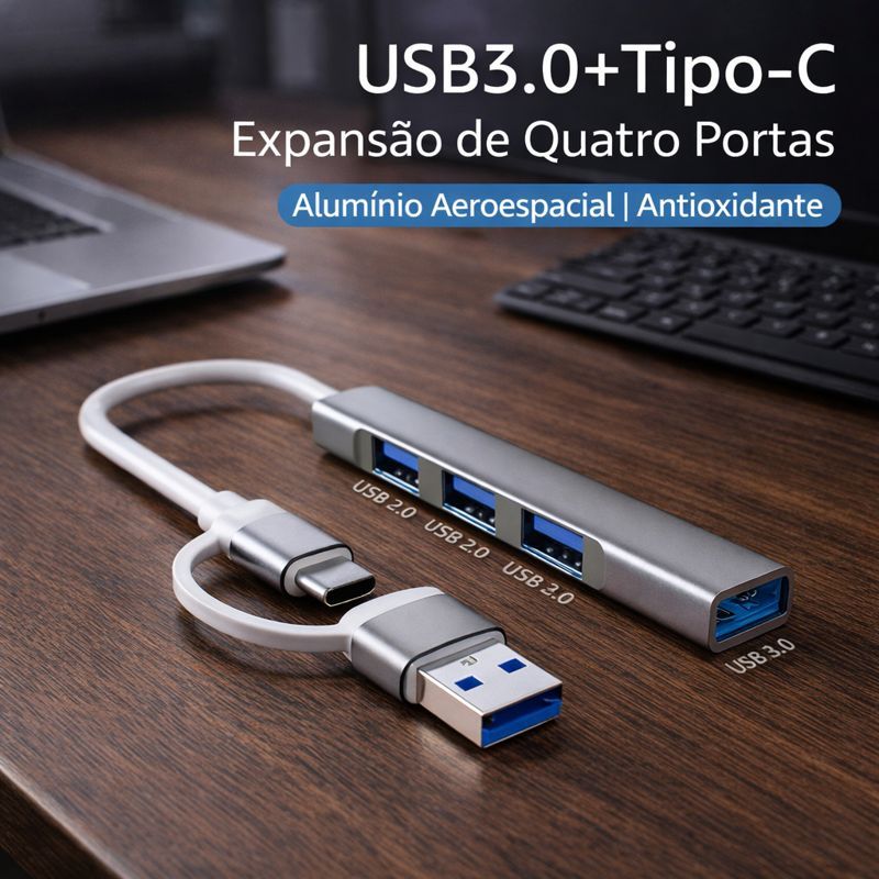 Hub USB-C / USB com 4 Portas USB 3.0 – Alta Velocidade e Design Premium em Oferta na Shopee