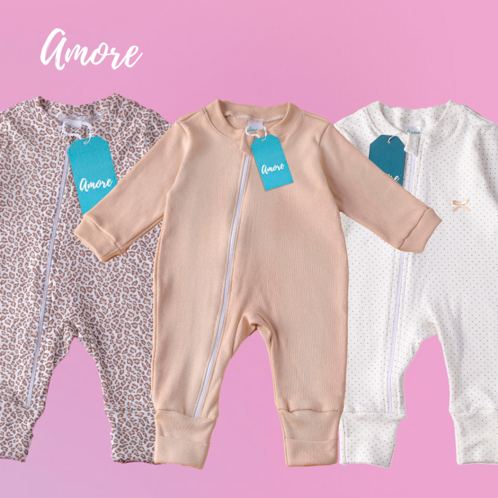 Kit 3 Macacões Bebê Menina Amore Vira Pé com Zíper Animal Print 100% Algodão