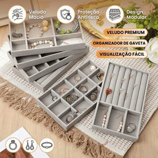 Organizador Porta Joias Gaveta Veludo Premium - Bandeja Modular Para Anéis Brincos Pulsei…