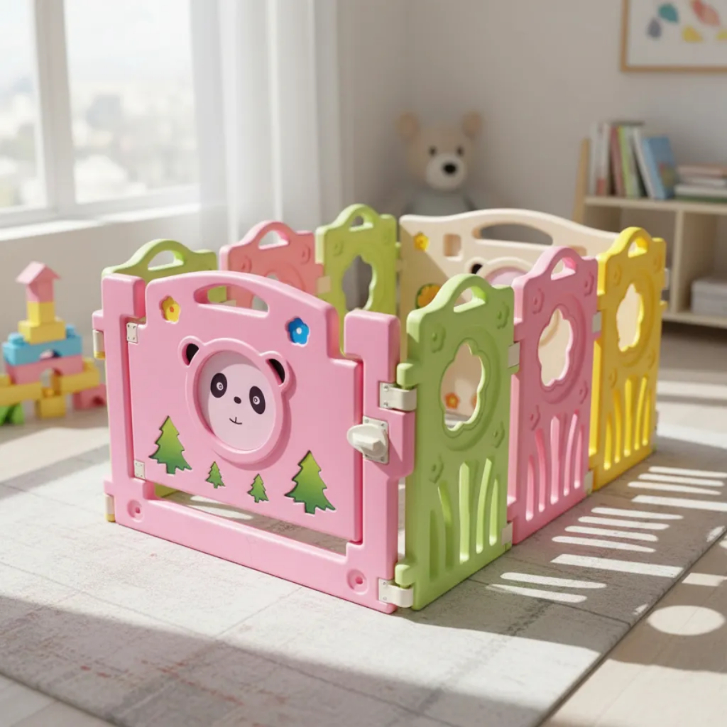 Cercadinho Infantil 8 Módulos com Ventosa Porta com Trava Estrutura Segura Montagem por Encaixe Ideal para Área Interna