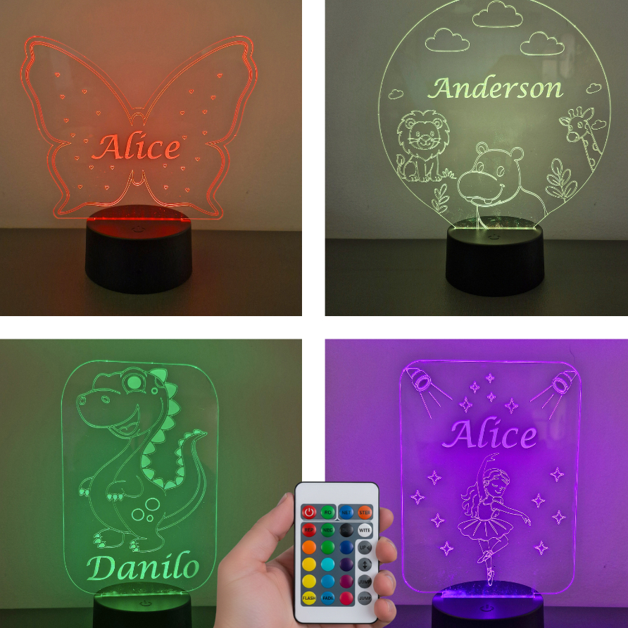 Luminária Personalizada Infantil LED RGB e Touch, Presente Criança Bebê Batizado