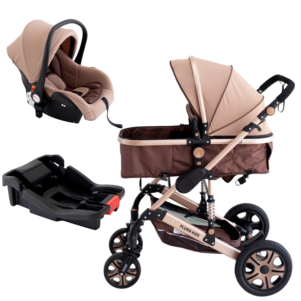 Carrinho de Bebê Europeu 3 em 1 Pluma Kids Kit Completo Moises + Bebe Conforto + Base Veicular