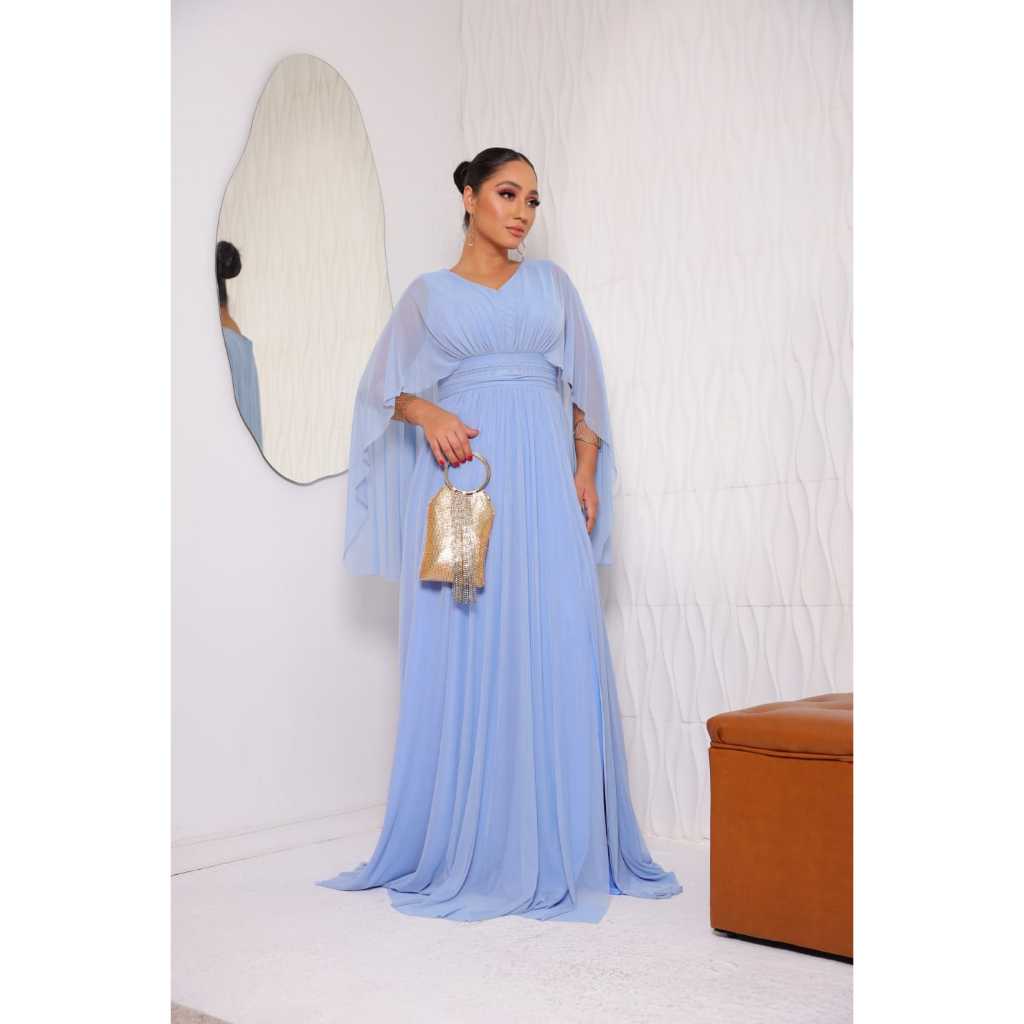 Vestido Longo de Festa Tule Capão nas Costas Elegante Formatura Casamento