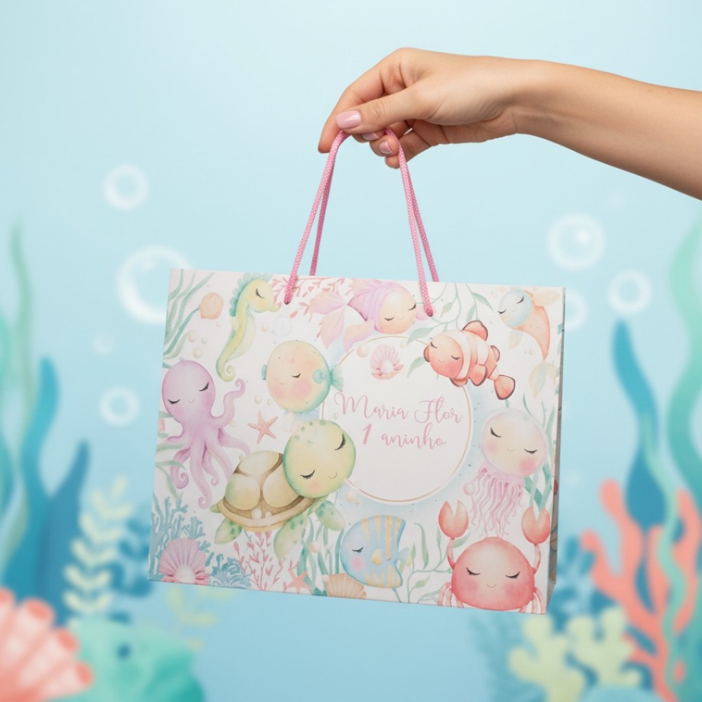 Kit Sacolinhas Personalizadas (G) Fundo do Mar Aquarela Rosa (20x16x6cm)