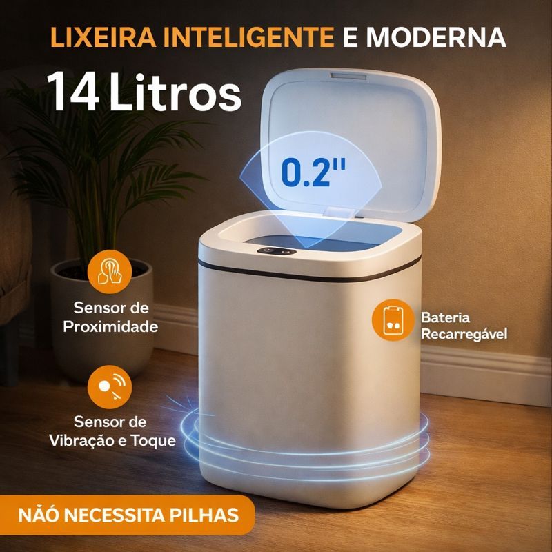 Lixeira recarregável Inteligente 14L com Sensor Automático Sem Toque Tampa Automática banheiro