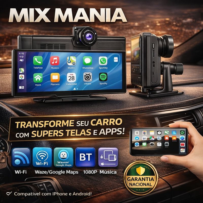 Central Multimídia 10.26" Touch IPS com Câmera Frontal + CarPlay Android Auto Bluetooth Wi-Fi FM 4K