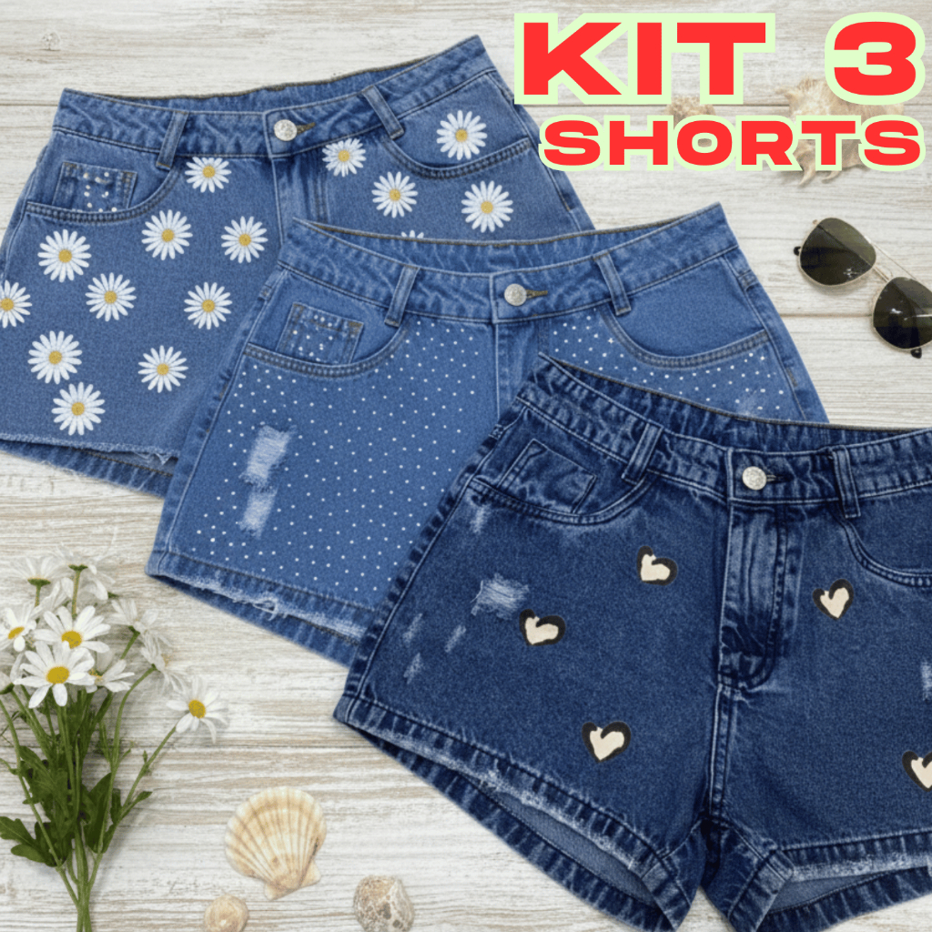 Kit 3 Shorts Jeans Feminino Cintura Alta Estampado Fashion em Oferta na Shopee