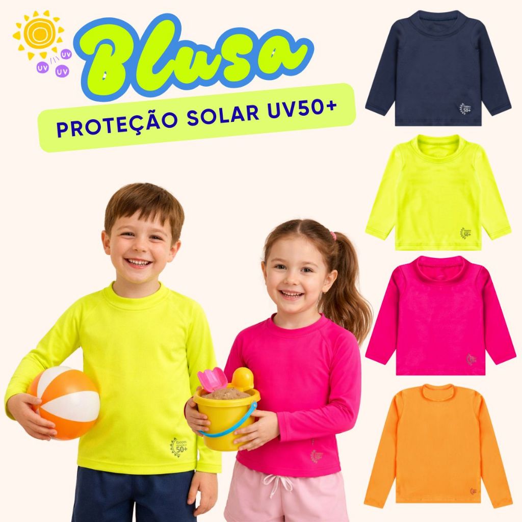 Camiseta UV50+ Infantil Menino e Menina Blusa Proteção Solar Praia e Piscina Tamanho 4 ao 8 Anos