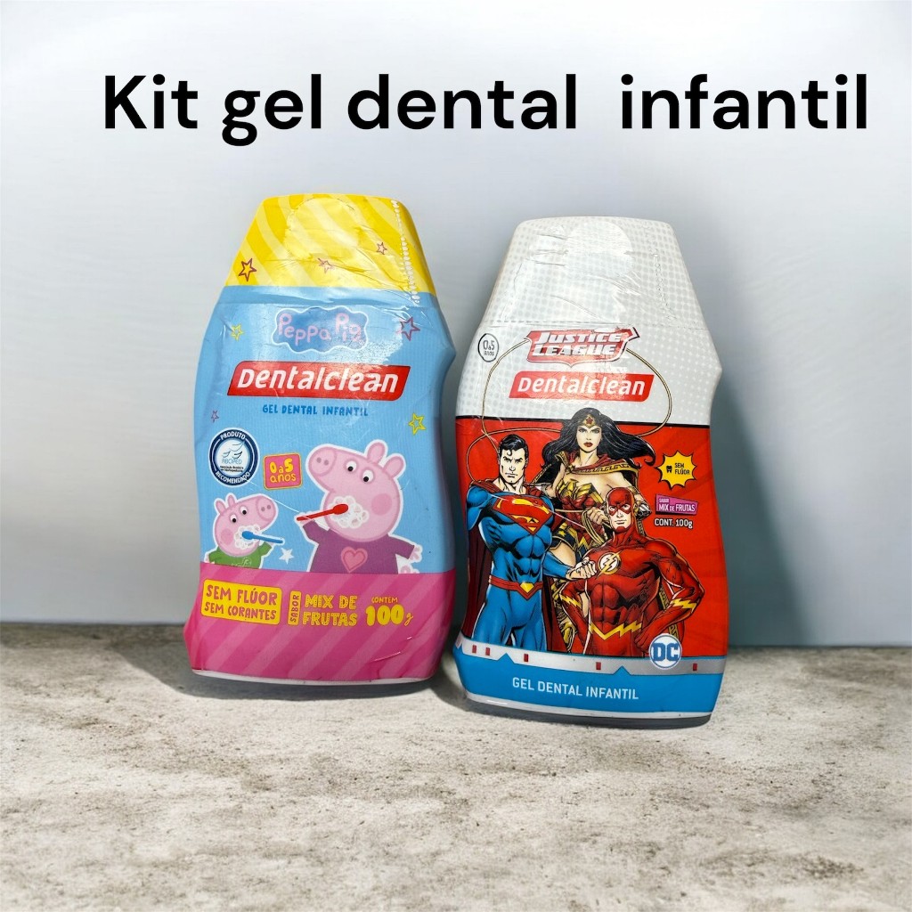 Kit Gel Dental Infantil sem Flúor Mix de Frutas Peppa Pig + Liga da Justiça Dentalclean Frasco 100g