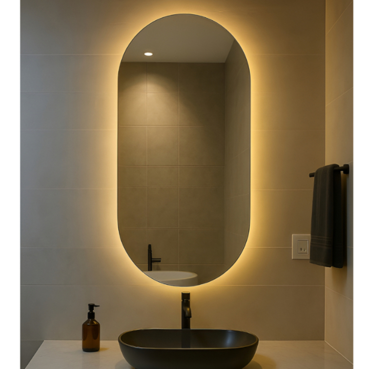 Espelho Oval Grande Com Led Frio e Quente 80x50cm Para Sala Banheiro e Quarto + Kit de Instalação