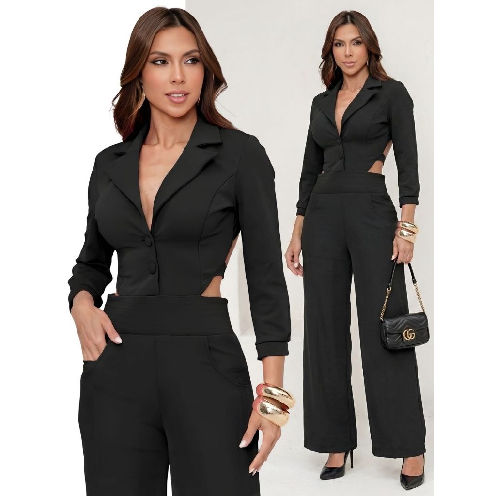 Macacão Feminino Blazer Longo Montaria Elegante Calça Pantalona