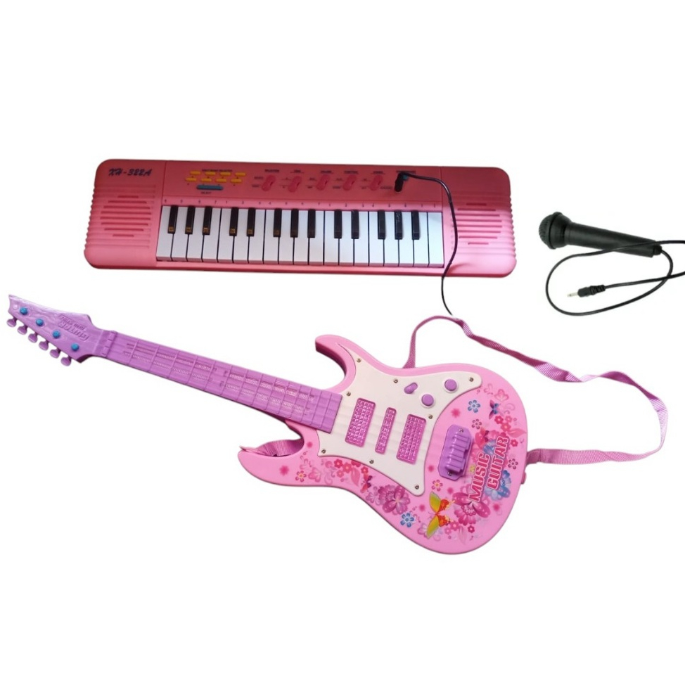Guitarra Musical Star Rock Show Rosa + Mini Teclado Tosa Musical 32 Teclas com  microfone