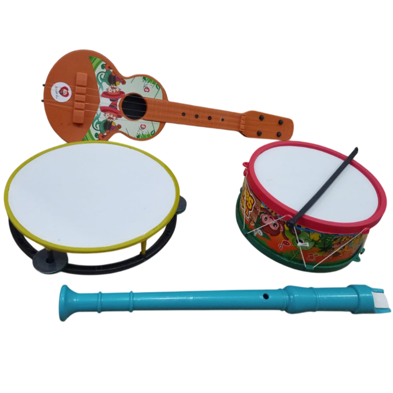 Kit Musical Brinquedos Educativo C/4 Instrumentos Violão Pandeiro Flauta Infantil Tambor