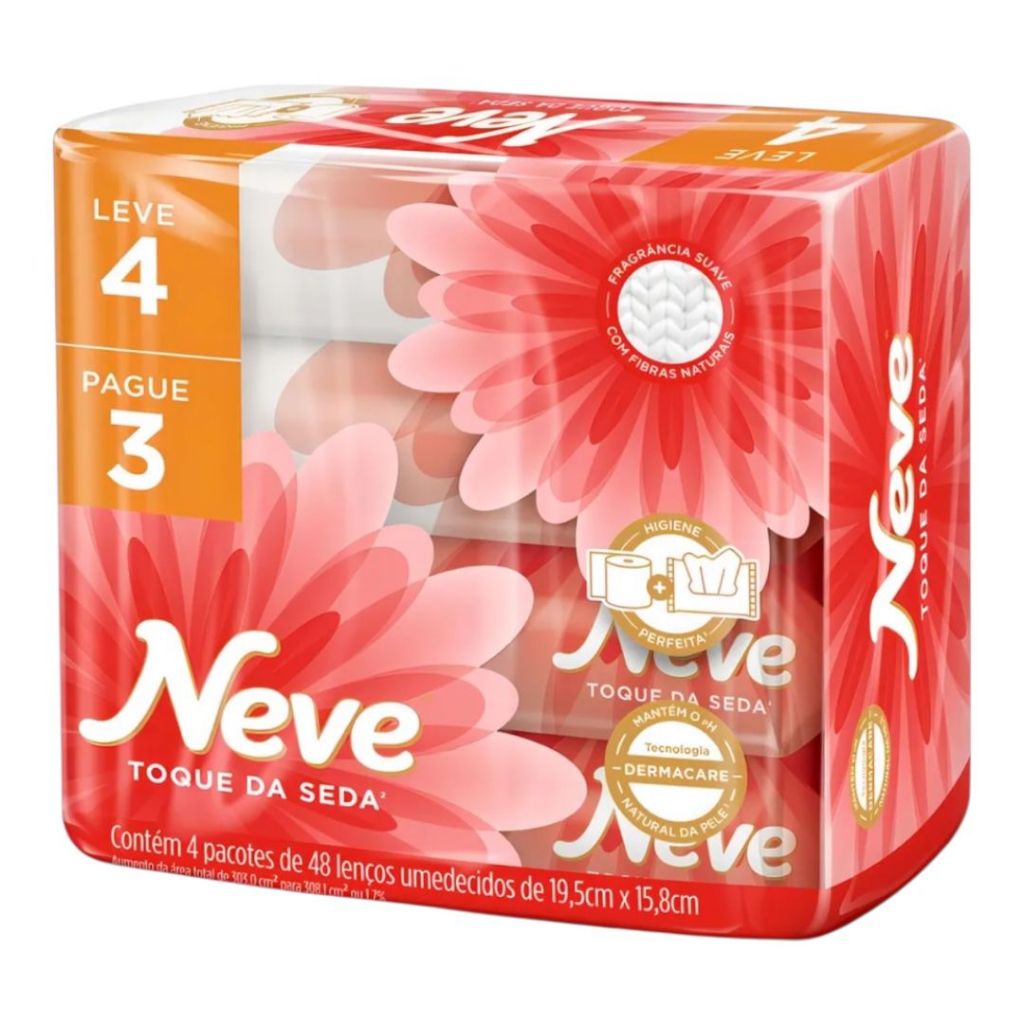 Kit 4 Pacotes C/48 Lenços Toalhas Umedecidos Neve Toque de Seda Total 192 unidades em Oferta na Shopee