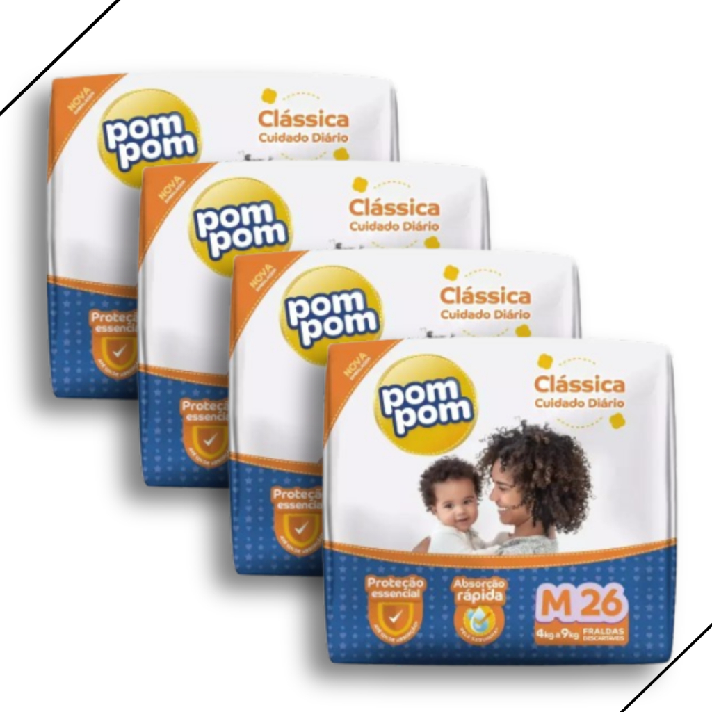 Kit 4 Fralda Descartável Pom Pom Clássica Jumbo Tamanho M - Total 104 Unidades em Oferta na Shopee