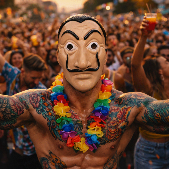 Máscara Carnaval Lá Casa de Papel Coreana /Salvador Dalí + Colar Havaiano